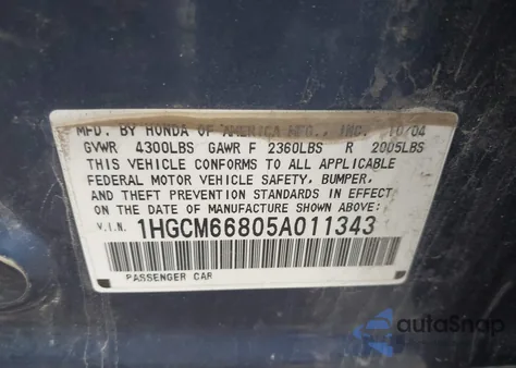 2005 Honda Accord 3.0 Ex from USA, damaged, VIN 1HGCM66805A011343